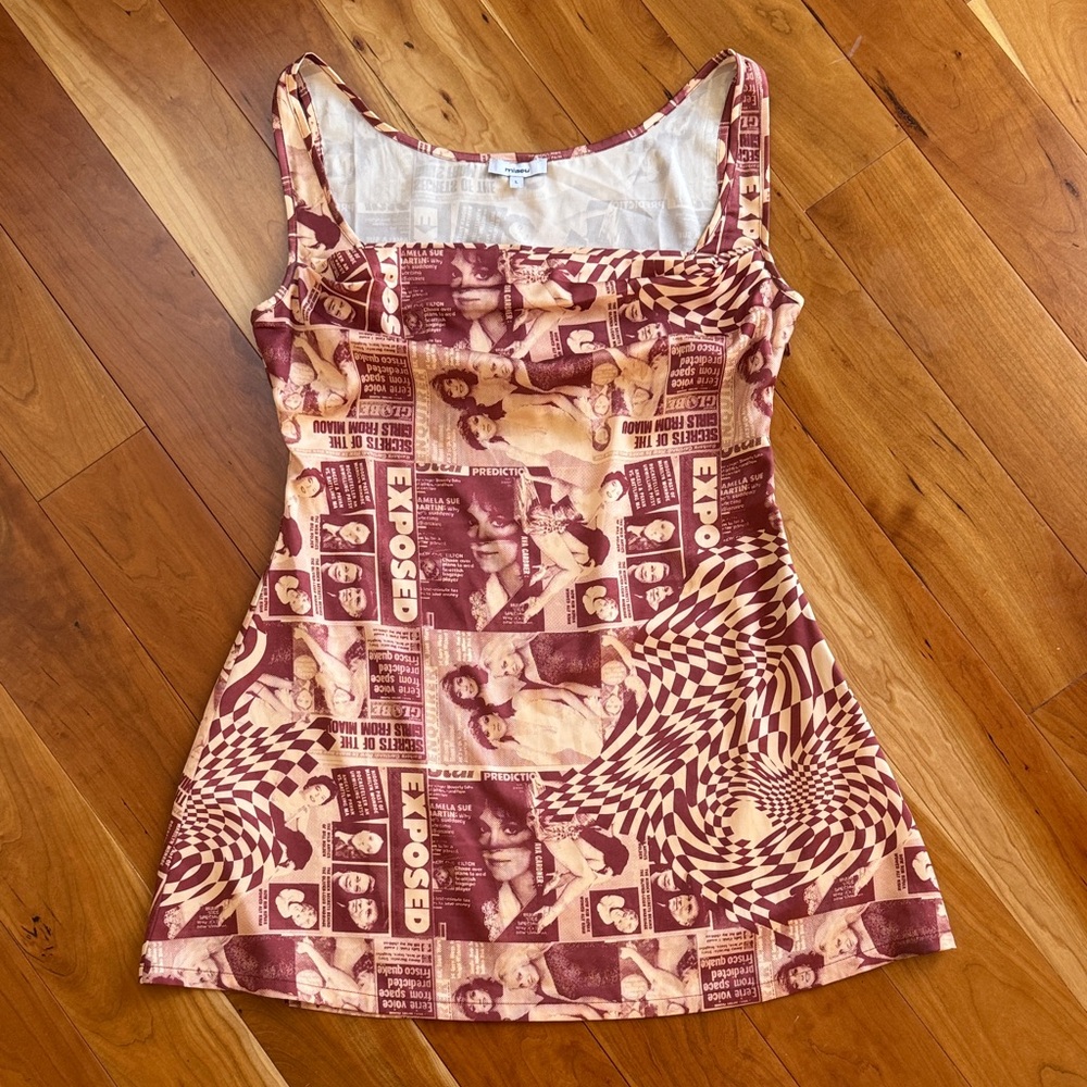 Miaou Graphic Newspaper Print Dress in Maroon & Cream